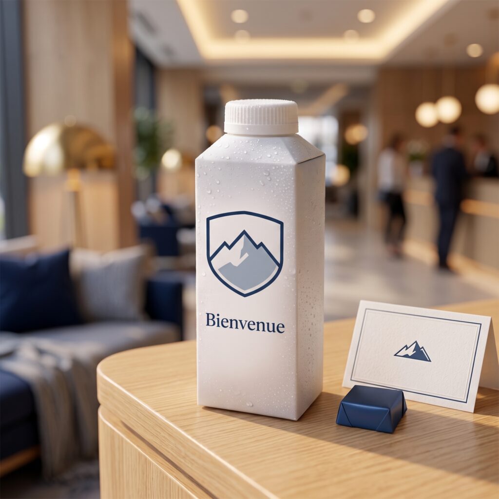 Custom water carton on a hotel reception desk with a welcome card