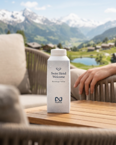 Emballage d’eau en carton personnalisé NoPlax sur une table en bois d’une terrasse d’hôtel alpin