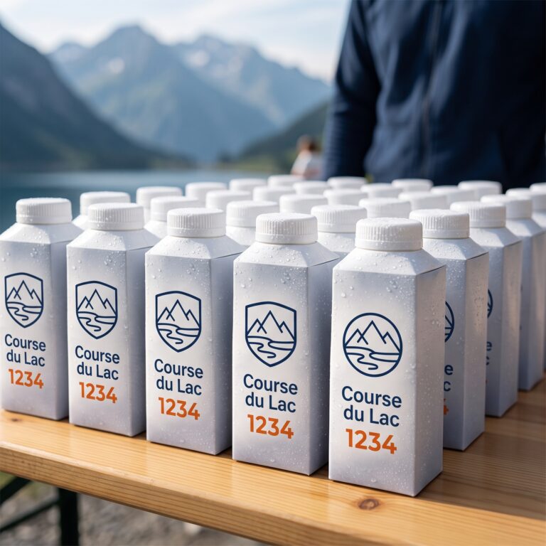 Table de ravitaillement d’une course avec des rangées d’emballages d’eau en carton personnalisés identiques