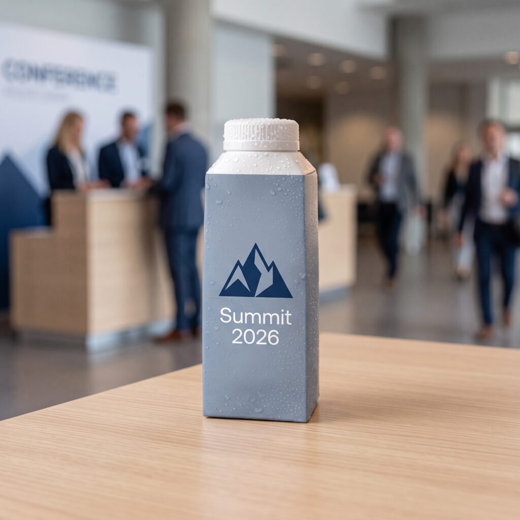 Custom water carton at a conference registration desk, blurred delegates in the background