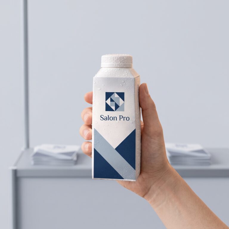 Emballage d’eau en carton personnalisé sur le comptoir d’un stand de salon professionnel avec des brochures