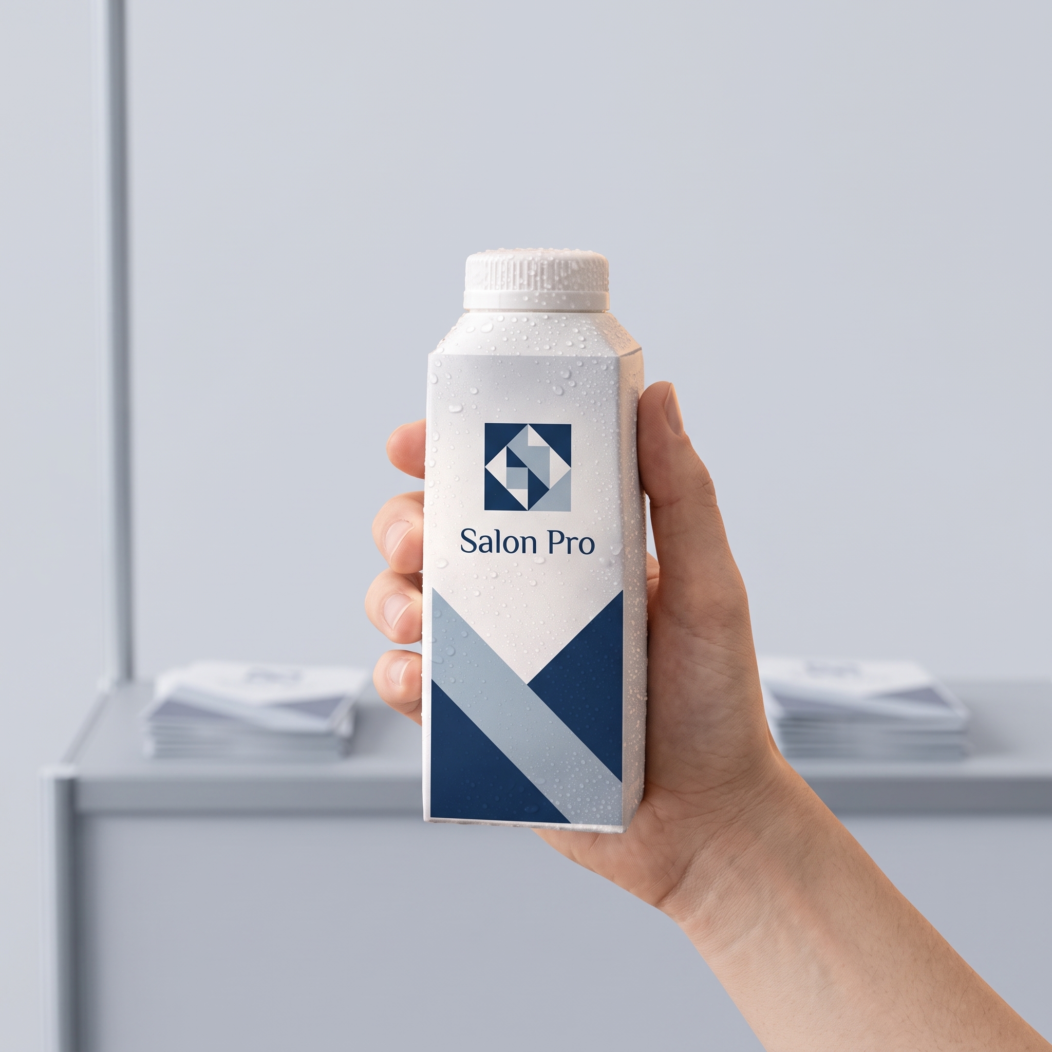 Emballage d’eau en carton personnalisé sur le comptoir d’un stand de salon professionnel avec des brochures