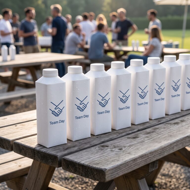 Tables en bois en extérieur avec des emballages d’eau en carton personnalisés lors d’une journée de team building