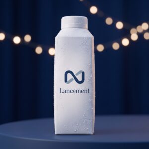 Emballage d’eau en carton personnalisé sur une table près de la scène d’un lancement de produit, fond bleu foncé