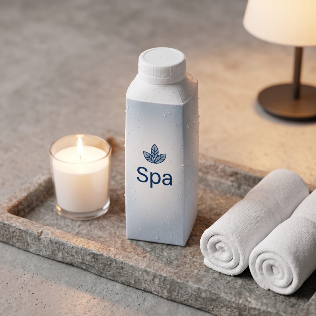 Custom water carton on a stone tray with rolled towels and a candle, spa atmosphere