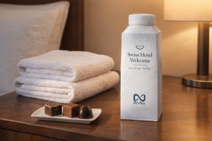 Emballage d’eau en carton personnalisé avec un message de bienvenue posé près de serviettes d’hôtel pliées
