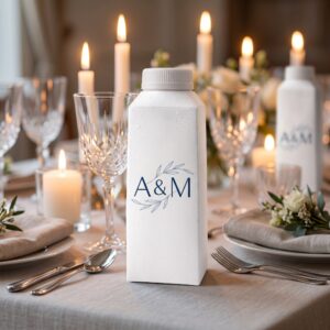 Emballage d’eau en carton personnalisé avec des initiales sur une table de mariage élégante, bougies et verres