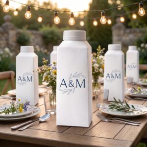 Plusieurs emballages d’eau en carton personnalisés sur une table de réception de mariage dans un jardin