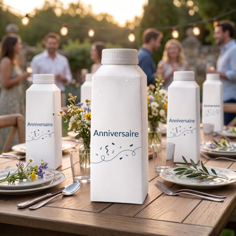 Emballage d’eau en carton personnalisé sur une table d’anniversaire avec des invités flous en arrière-plan