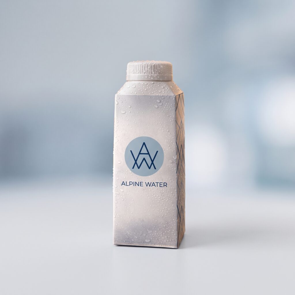Emballage d’eau en carton NoPlax avec un logo sur la face avant et un motif sur la face latérale