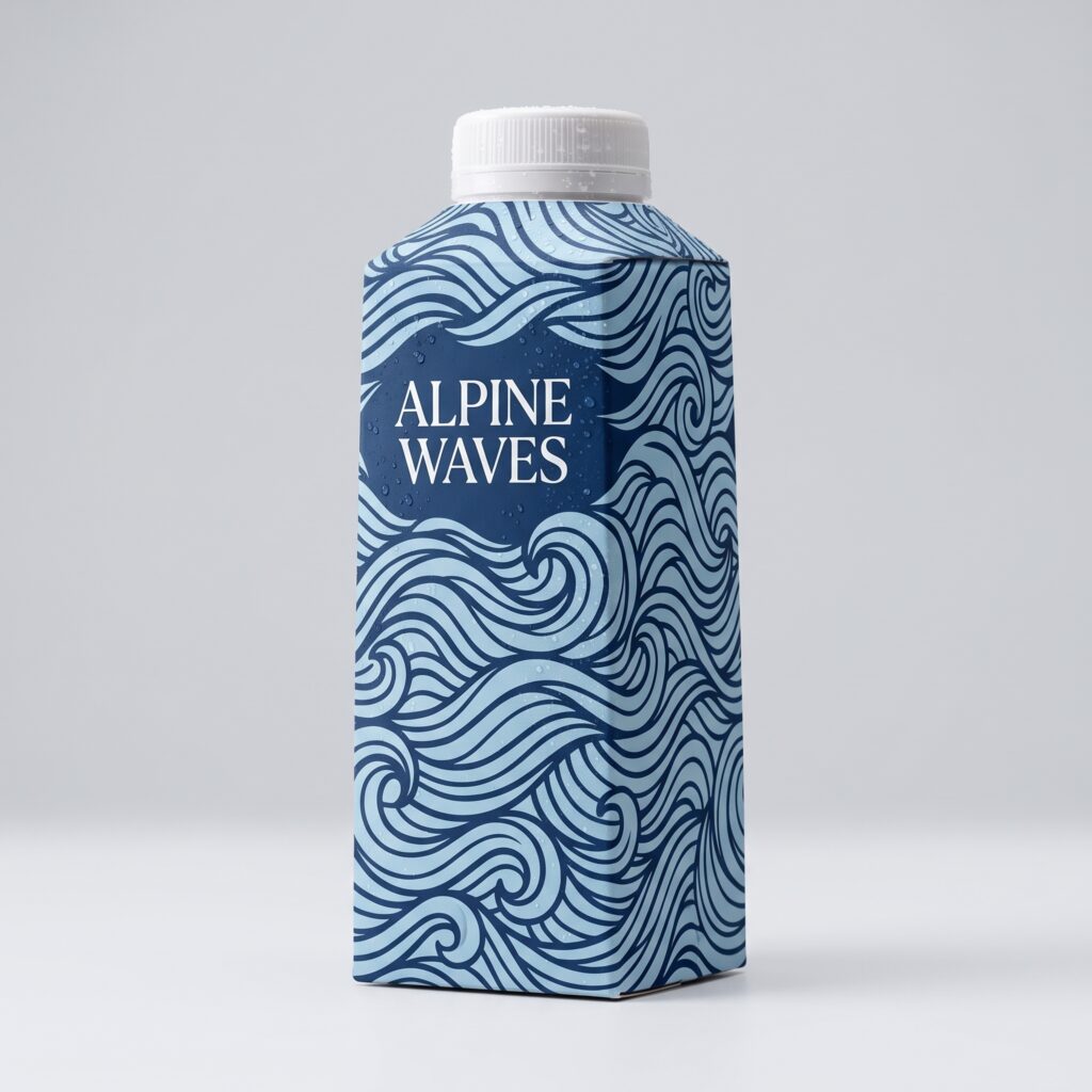 Emballage d’eau en carton NoPlax avec impression intégrale sur toutes les faces, motif de vagues bleu marine et bleu clair