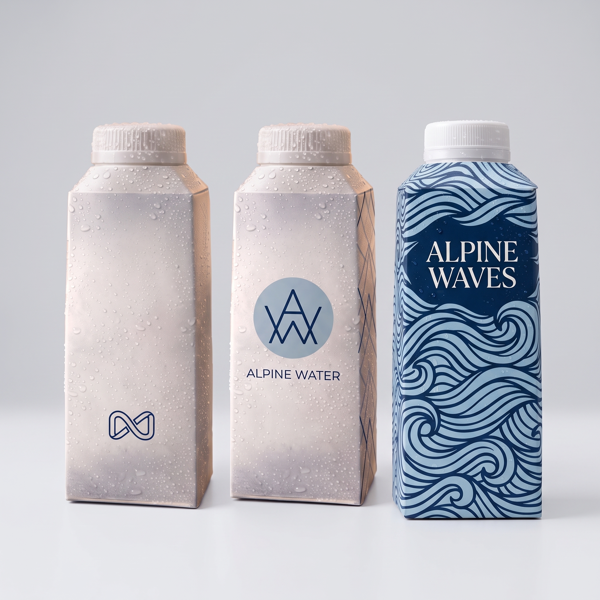 Trois emballages d’eau en carton NoPlax côte à côte : logo seul, logo avec motif latéral et impression intégrale