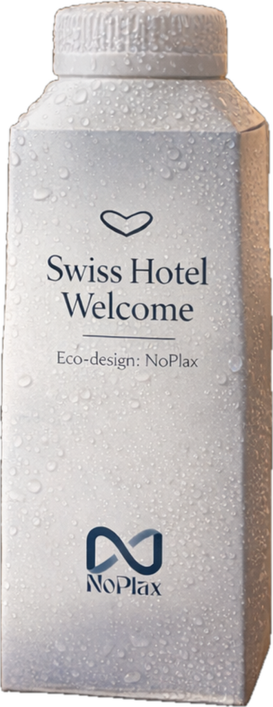 Emballage d’eau en carton NoPlax personnalisé pour un hôtel, avec logo et message de bienvenue