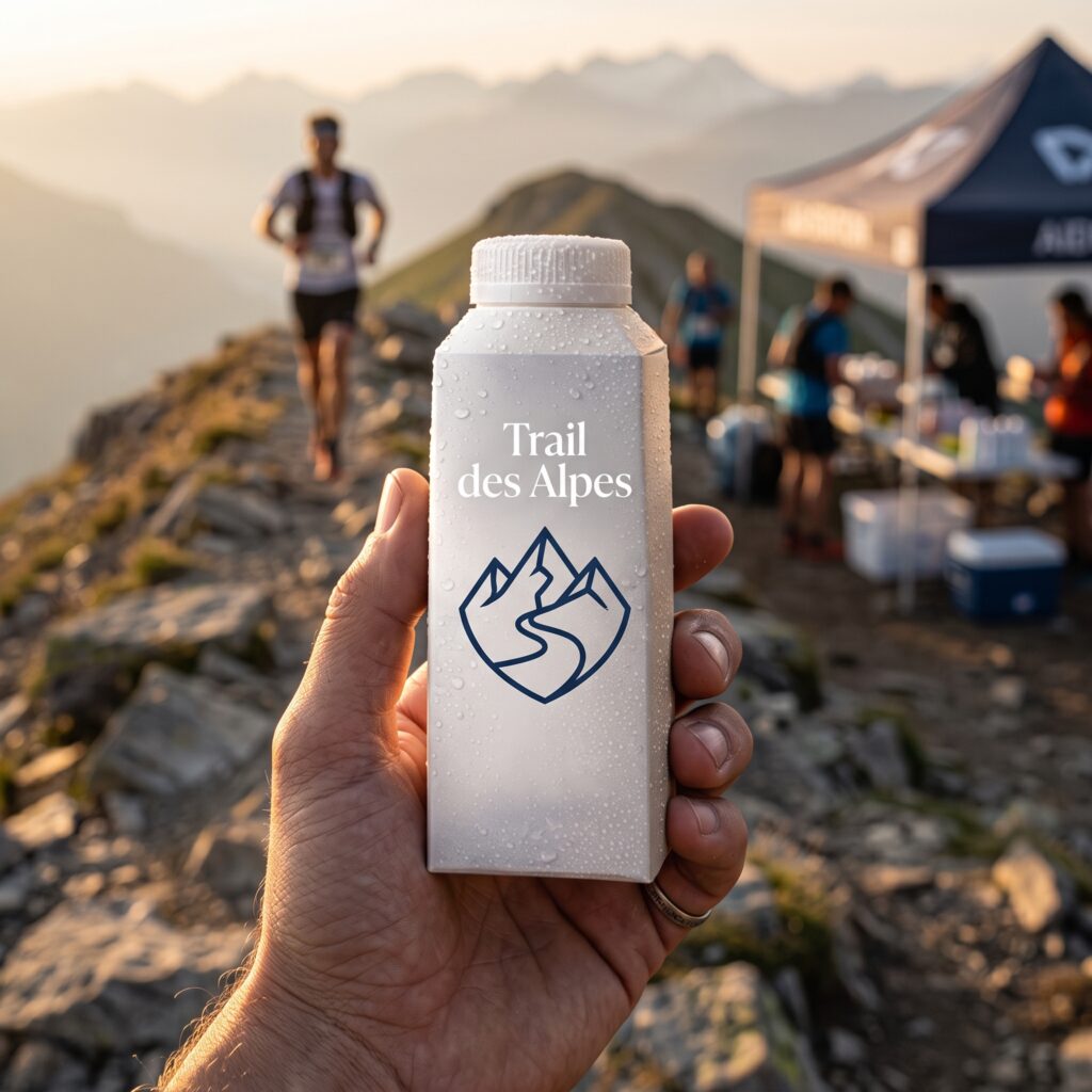 Hand holding a custom water carton at a mountain trail aid station