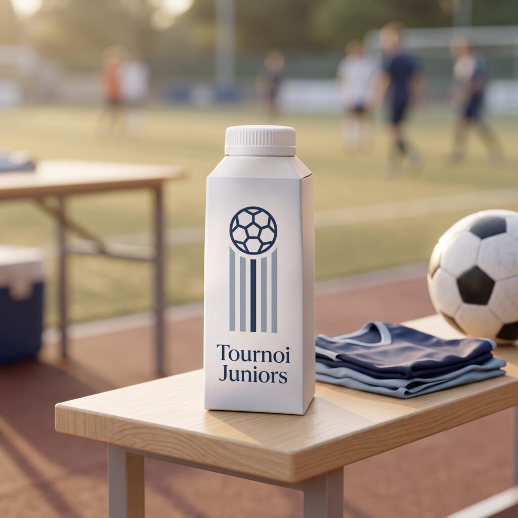 Custom water carton on a substitutes' bench next to bibs and a football