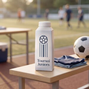 Emballage d’eau en carton personnalisé sur un banc de touche à côté de dossards et d’un ballon de football