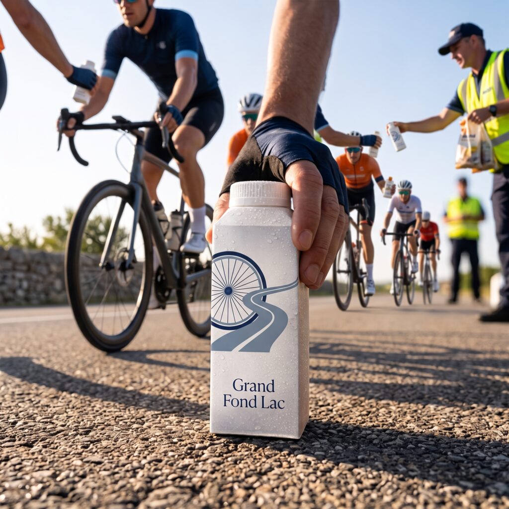 Cyclist taking a custom water carton at a cycling event feed zone