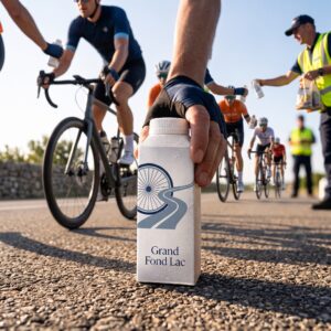 Cycliste prenant un emballage d’eau en carton personnalisé à une zone de ravitaillement de cyclosportive