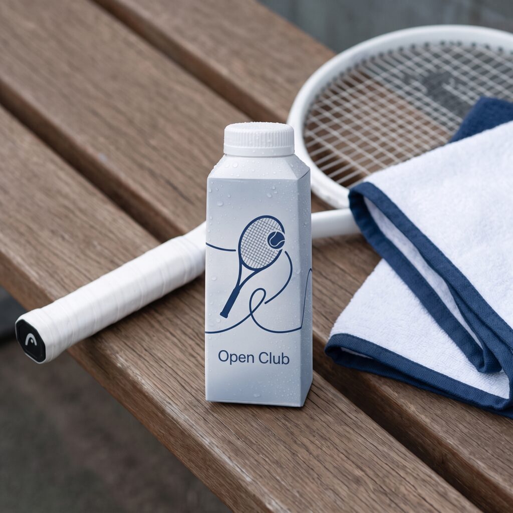 Custom water carton on a tennis court bench with a racket and a towel
