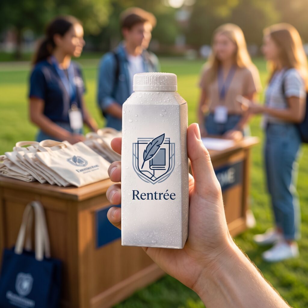 Custom water carton at a university welcome desk at the start of term, with bags and blurred students