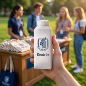 Emballage d’eau en carton personnalisé sur un stand d’accueil de rentrée universitaire, avec sacs et étudiants flous