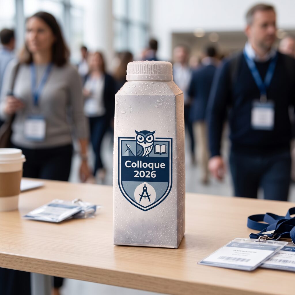 Custom water carton at an academic conference coffee break, blurred badges and attendees