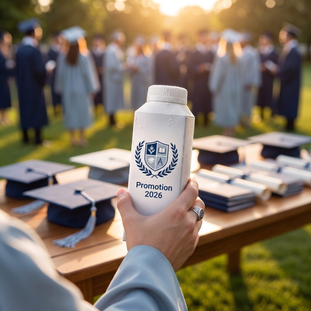 Custom water carton on a table next to graduation caps at a degree ceremony