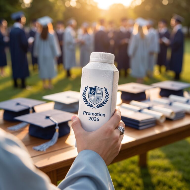 Emballage d’eau en carton personnalisé sur une table à côté de toques lors d’une remise des diplômes