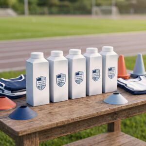 Table au bord d’un terrain de sport universitaire avec des emballages d’eau en carton personnalisés, dossards et plots